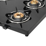 Faber Spark 4 Burner Gas Cooktop with Brass Burners, 6mm Toughened Black Glass Top, Jumbo Burner, Manual Ignition & Powder-Coated Pan Supports – SPARK 4BB BK