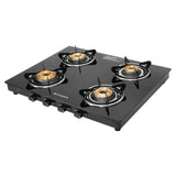 Faber Spark 4 Burner Gas Cooktop with Brass Burners, 6mm Toughened Black Glass Top, Jumbo Burner, Manual Ignition & Powder-Coated Pan Supports – SPARK 4BB BK