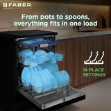 Faber 14 Place Settings Freestanding Dishwasher with 8 Washing Programs, Dual Zone Wash, Power Memory, LED Display, Child Lock & Natural Drying, Black – FFSD 8PR 14S BK