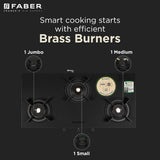 Faber Nebula 3 Burner Gas Cooktop with Black Matt Toughened Glass, Brass Burners, Jumbo Burner & Manual Ignition – NEBULA 3BB BK