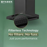 Faber Charm 60cm Filterless BLDC Kitchen Chimney with 1500 m³/hr Suction, Heat Auto Clean, Touch & Gesture Control, Black Finish – CHARM BLDC HC SC FL BK IN 60