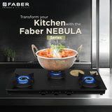Faber Nebula 3 Burner Gas Cooktop with Black Matt Toughened Glass, Brass Burners, Jumbo Burner & Manual Ignition – NEBULA 3BB BK