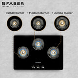 Faber 75 cm 3 Burner Gas Cooktop with Brass Burners, Manual Ignition & 8 mm Toughened Black Glass – NiOS DLX 753 BB BK