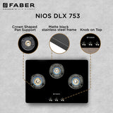Faber 75 cm 3 Burner Gas Cooktop with Brass Burners, Manual Ignition & 8 mm Toughened Black Glass – NiOS DLX 753 BB BK