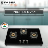 Faber 75 cm 3 Burner Gas Cooktop with Brass Burners, Manual Ignition & 8 mm Toughened Black Glass – NiOS DLX 753 BB BK