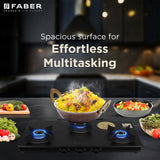 Faber Nebula 3 Burner Gas Cooktop with Black Matt Toughened Glass, Brass Burners, Jumbo Burner & Manual Ignition – NEBULA 3BB BK