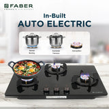 Faber 70 cm 3 Burner Built-in Gas Hob with Brass Burners, Auto Ignition & Toughened Glass – Hob PRIME HT703 CRS BR CI AI