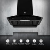 KAFF 60 CM Filter-less Auto Clean Curved Glass Kitchen Chimney, 1250 m3/hr Suction Capacity with Motion Sensor, Touch Control, Black Glass Clad Hood with LED Insignia (VASCO DHC 60, Black)