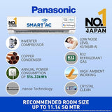 Panasonic 1 Ton 5 Star Wi-Fi Inverter Smart Split AC (Copper Condenser, 7 in 1 Convertible with True AI Mode, 4 Way Swing, nanoe X Air Purification Technology, CS/CU-HU12AKYF, White)