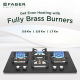 Faber 75 cm 3 Burner Built-in Gas Hob with Full Brass Burners, Auto Ignition & Cast Iron Pan Supports – HOB BELLA HT 754 BR AI