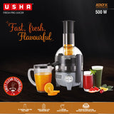 Usha Fresh Pro 500W Juicer with XL Full-Mouth Feeding Tube | 1L Juice Collector | Inverted Sieve for Easy Cleaning | 100% Copper Motor | 2-Speed Control | 5-Year Motor Warranty