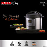 Usha iChef 6 Litre Electric Pressure Cooker | 1000W | 10 Indian Preset Menu | Keep Warm Fuction | Delay Timer | Slow Cooker | Automatic Rice Cooker, Steamer & More (Stainless Steel)