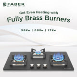 Faber 75 cm 3 Burner Built-in Gas Hob with Full Brass Burners, Auto Ignition & Flame Failure Device – HOB BELLA HT 753 BR AI FFD