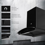 KAFF 60 CM Filter-less Auto Clean Curved Glass Kitchen Chimney, 1250 m3/hr Suction Capacity with Motion Sensor, Touch Control, Black Glass Clad Hood with LED Insignia (VASCO DHC 60, Black)
