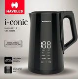 Havells I-Conic 1.5 Litre Digi Kettle With Double Wall And 304 Stainless Steel Tank (Black),1600 Watts