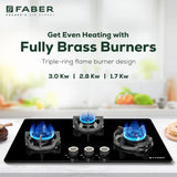 Faber 75 cm 3 Burner Built-in Gas Hob with Brass Burners, Auto Ignition & Flame Failure Device – HOB EXPERIA HT 753 ALU AI FFD