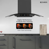 Faber Agile 90cm 1500m³/hr BLDC Autoclean Curved Shape Chimney | Built In Oil Collector | Touch & Gesture Control - Hood Agile BLDC FL HC SC BK IN 90