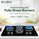 Faber 75 cm 4 Burner Built-in Gas Hob with Brass Burners, Auto Ignition, Flame Failure Device & 8 mm Matt Finish Glass – HOB EXPERIA HT 754 ALU AI FFD