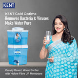 KENT Gold Optima Gravity Water Purifier | UF Technology Based | Non-Electric & Chemical Free | Counter Top | 5L Top + 5L Bottom Storage | White