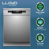 Havells-Lloyd Puro Hygiene+ with Auto Open Dry (GLDWF15PSA1TS, 15 Place Settings, 99% Germs Free with Sparkle Clean Technology, Infinity Drawer, Super Silent, Silver)