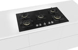 Bosch Built in Gas Hob Black Tempered glass Glass 5 Burner Auto Ignition 90 cm True Brass 2D Ring Burners with Glossy Black Heat Shields & Enameld pan supports (PNV9B6F10I)