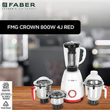 Faber Crown 800W Blender Mixer Grinder, 3 SS clip lock jars + 1 PC jar || low-noise copper motor, up to 20000 rpm speed || 2 yr comprehensive & 5 yr motor warranty (FMG CROWN 800 W 4J Mystic Red) Red