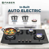 Faber Prime 4 Burner Built-In Gas Hob with Brass Burners, Toughened Black Glass, Cast Iron Pan Support & Auto Ignition – HOB PRIME HT904 CRS BR CI AI