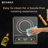 Faber Zion 1600W Induction Stove | 5 Auto-Cook Functions, Auto Pan Detection, Preset Timer, Overheat Protection | Shock-Proof Body, Black Crystal Glass, Soft-Touch Control, LED Display