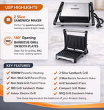 Crompton MaxCrisp 2S 1000W Grill Sandwich Maker with Non-Stick Plates & 2 Slice Capacity