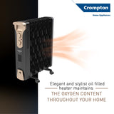 Crompton 09 Fin Insta Ferver wave Fin OFR (Oil Filled Radiator)|Room Heater|2400 W|3 Heat Settings & PTC Fan Heater|Over heat & Tilt protection |360° Heating (Black)|2yrs warranty|Black & Copper