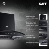 KAFF 60 CM Filter-less Auto Clean Curved Glass Kitchen Chimney, 1250 m3/hr Suction Capacity with Motion Sensor, Touch Control, Black Glass Clad Hood with LED Insignia (VASCO DHC 60, Black)