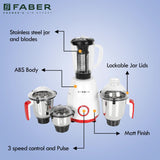 Faber Crown 800W Blender Mixer Grinder, 3 SS clip lock jars + 1 PC jar || low-noise copper motor, up to 20000 rpm speed || 2 yr comprehensive & 5 yr motor warranty (FMG CROWN 800 W 4J Mystic Red) Red