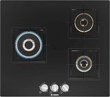 Bosch Built in Gas Hob Black Tempered glass Glass 3 Burner Auto Ignition 60 cm True Brass 2D Ring Burners with Glossy Black Heat Shields & Enameld pan supports (PNC6B6F10I)