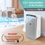 SHARP dehumidifier with Air Purifier with I Plasmacluster Tech fights against Mold, Fungus, VOCs I Clothe Dryer I Traps 99.97% Impurities I HEPA+Carbon+Pre-Filter I Cover: 720 ft² I DW-J27FM-S