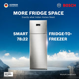 Bosch 269L, 2 Star, Frost Free Double Door Refrigerator | 6-in-1 Convertible Modes | 80min Convert | Touch Panel | Extend Cool up to 18 hrs | SuperFreeze (CTC29S22VI, Fine Steel, 2026)