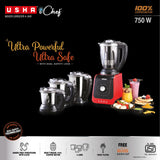 USHA ICHEF 750 Watt Copper Motor Mixer Grinder with 3 SS Jars & Translucent blender PC Jar with fruit filter| Hands Free operation with Dual Safety Lock| (Red/Black)