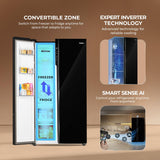Haier 602L 3 Star 2 Door Premium Glass Side by Side Frost Free Refrigerator|100% Convertible|Wi-Fi|Expert Inverter Technology|Digital Display Panel|Triple Twist Ice Maker (HRS-682KGU1, Black Glass)