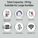 LG 9 Kg, Wi-Fi, Dual Inverter Heat Pump, Eco-Hybrid Technology Fully Automatic Front Load Dryer (DHV09SAM, Double Layer Air Filter, Allergy Care, Auto Cleaning Condenser, Middle Black)