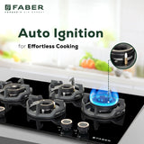 Faber 75 cm 4 Burner Built-in Gas Hob with Brass Burners, Auto Ignition, Flame Failure Device & 8 mm Matt Finish Glass – HOB EXPERIA HT 754 ALU AI FFD