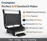 Crompton MaxCrisp 2S 1000W Grill Sandwich Maker with Non-Stick Plates & 2 Slice Capacity