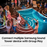 Samsung {MX-T70/XL) Sound Tower High Power Audio, Floor Standing Speaker, Bi-Directional Sound, Water Resistant, Party Lights, Bluetooth Multi-Connection, USB Music Playback (Black)