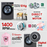 LG 12 Kg, 5 Star, AI DD Technology, Steam+, Smart Digital Dial, Wi-Fi Enabled Fully-Automatic Front Load Washing Machine (FX1412N9K, Reduce allergens & wrinkles, TurboWash 360˚, Matt Black)