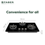 Faber 75 cm 3 Burner Built-in Gas Hob with Brass Burners, Auto Ignition & Flame Failure Device – HOB EXPERIA HT 753 ALU AI FFD