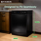 Faber 14 Place Settings Freestanding Dishwasher with 8 Washing Programs, Dual Zone Wash, Power Memory, LED Display, Child Lock & Natural Drying, Black – FFSD 8PR 14S BK
