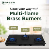 Faber 77 cm 3 Burner Gas Cooktop with Jumbo, Medium & Small Burners, Manual Ignition & Matt Finish – COOKTOP BLOSSOM 3BB BK CI