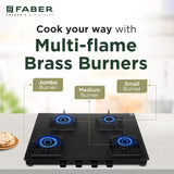 Faber Blossom 4 Burner Manual Ignition Gas Cooktop with 1 Jumbo, 2 Medium & 1 Small Burner, MS Diamond-Coated Pan Support, Matt Finish – COOKTOP BLOSSOM 4BB BK CI