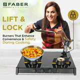 Faber 70 cm 4 Burner Gas Cooktop with Brass Burners, Manual Ignition, Toughened Glass & Easy-Clean Liftable Burners – HOB COOKTOP GENIUS 704 BK