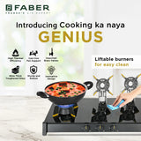 Faber Genius 75cm 3 Burner Cooktop | Brass Burners | Manual Ignition | 8mm Toughened Glass | Lift & Lock Burner Design - Hob Cooktop Genius 753 BK