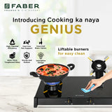 Faber Genius 75cm 2 Burner Cooktop | Brass Burners | Manual Ignition | 8mm Toughened Glass | Lift & Lock Burner Design - Hob Cooktop Genius 752 BK