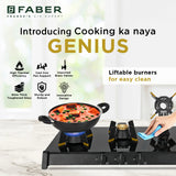 Faber Genius 75cm 3 Burner Cooktop | Brass Burners | Auto Ignition | 8mm Toughened Glass | Liftable Burner Design - HOB Cooktop Genius 753 AI BK
